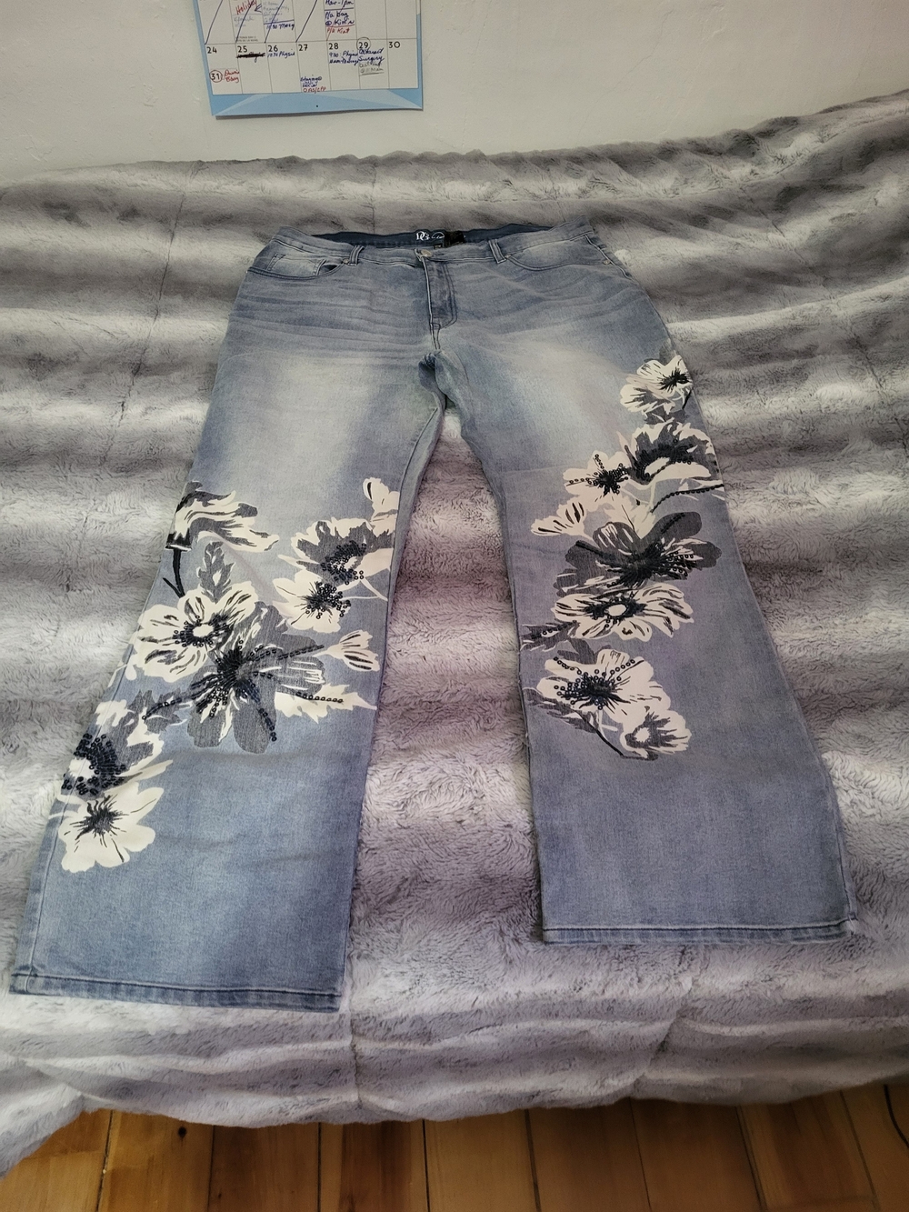 DG2 by Diane Gilman Light Blue Bootcut Jeans with White & Black Floral Print